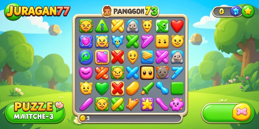 Antarmuka utama JURAGAN77 dengan elemen Puzzle Match-3 yang menarik.
